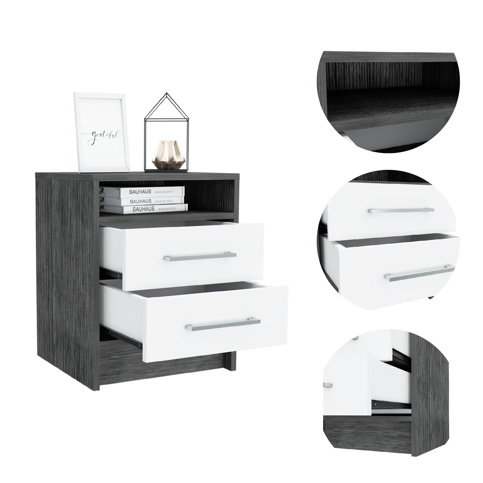 Modern grey and white nightstand with two drawers and open shelf perfect for bedroom storage