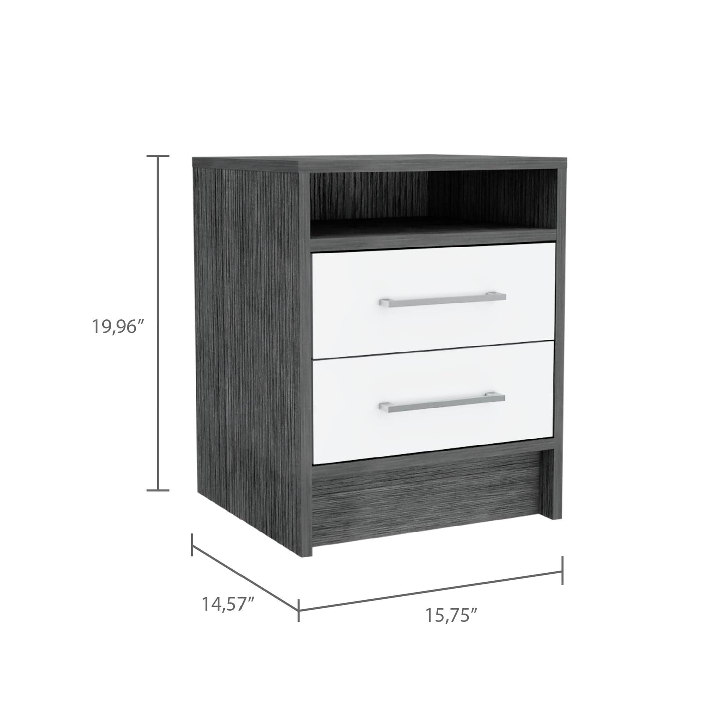 Modern nightstand with grey wood grain and two white drawers