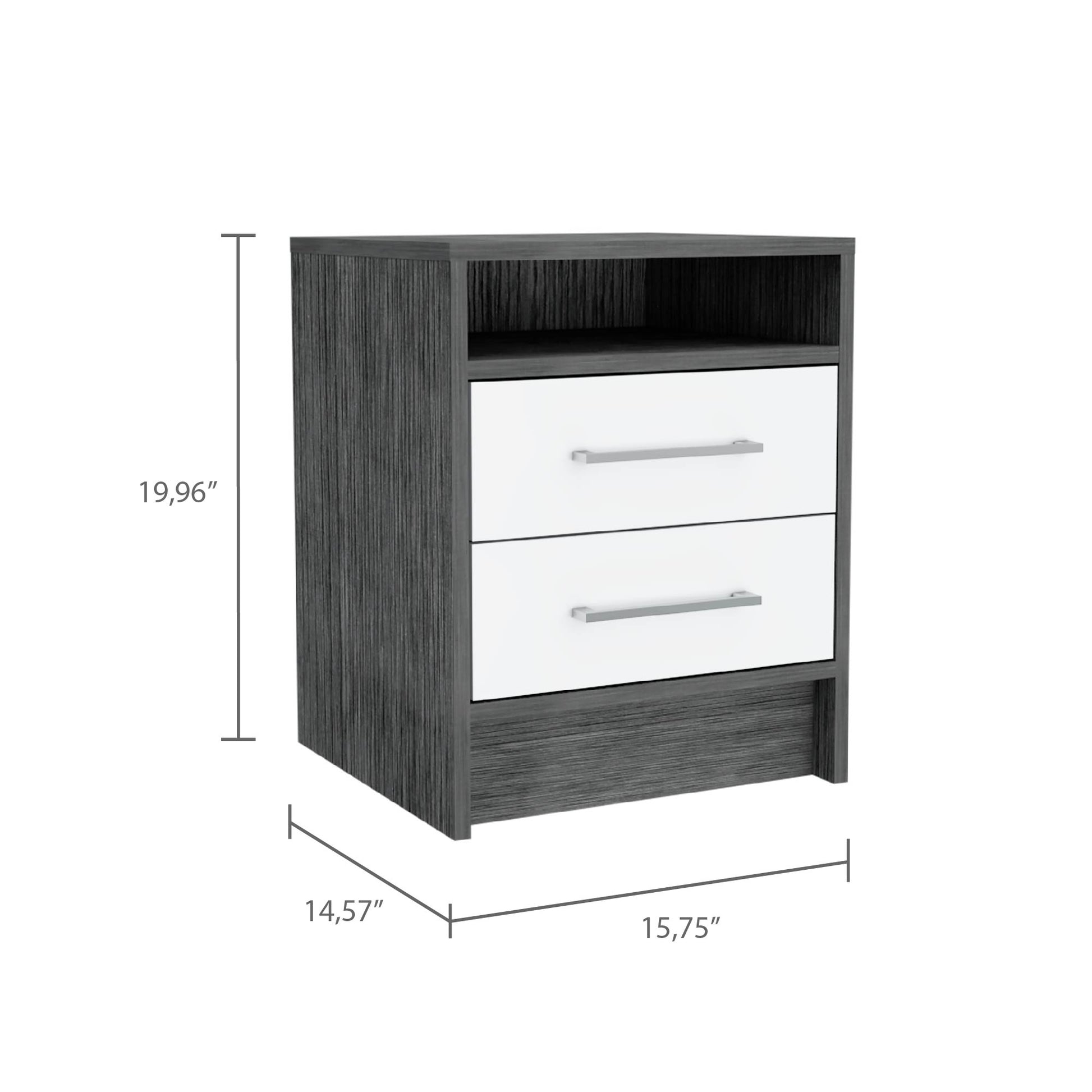 Modern nightstand with grey wood grain and two white drawers