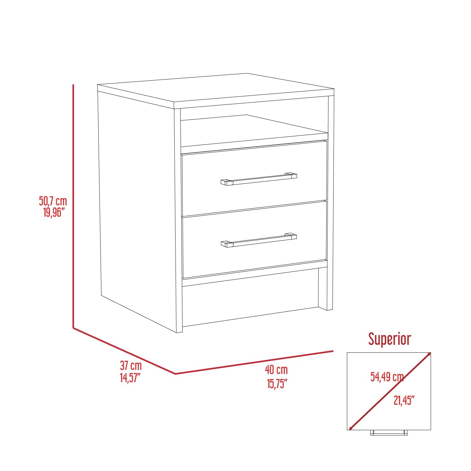 Line drawing of a white bedside table with two drawers