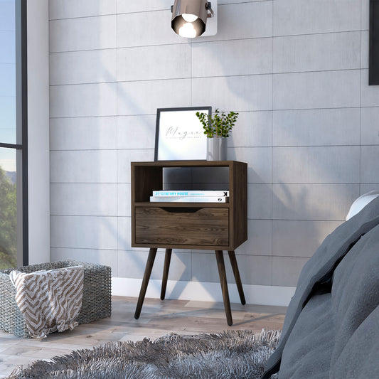 Dark wood midcentury modern nightstand with drawer and open shelf featuring tapered legs
