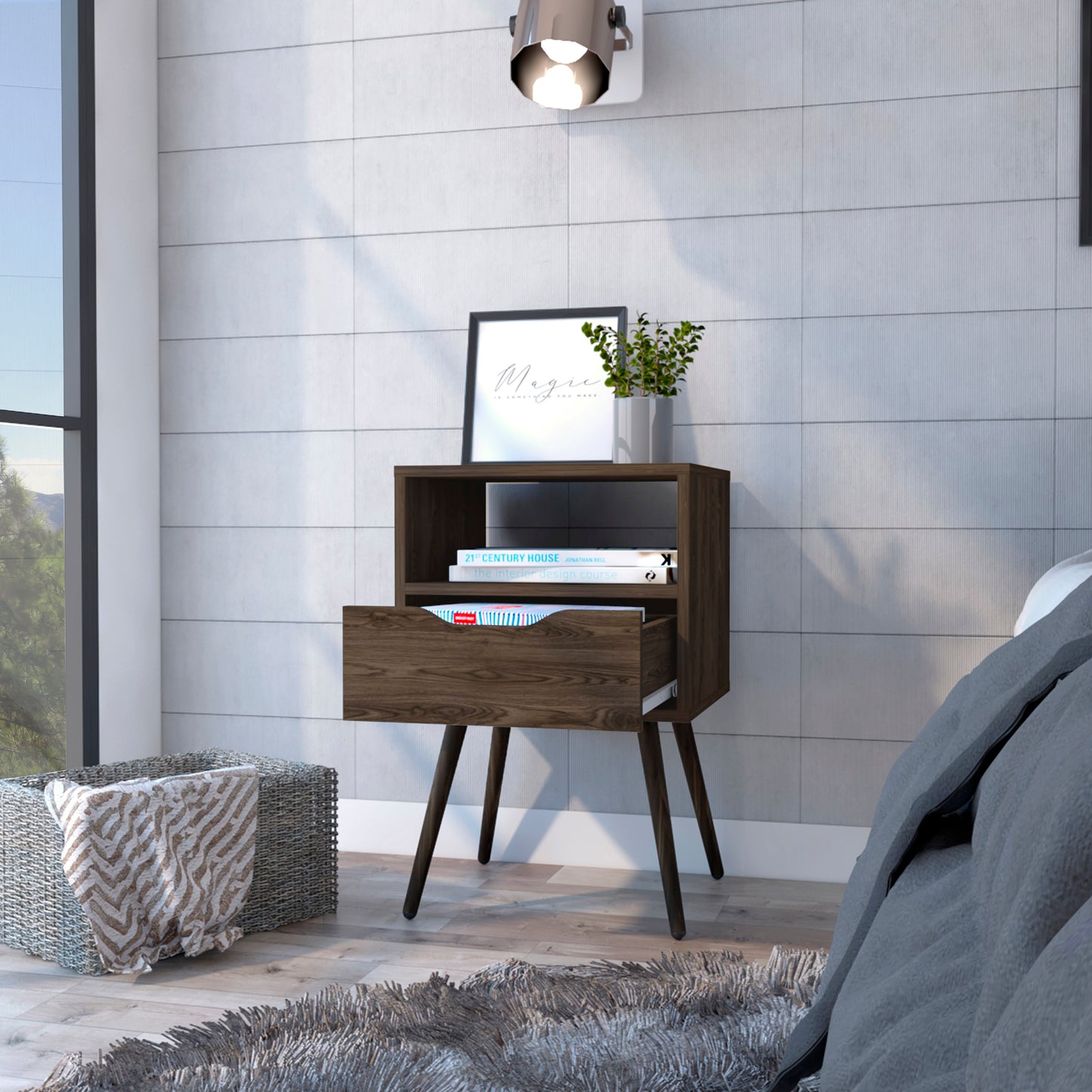 Dark walnut midcentury modern nightstand with open shelf and drawer