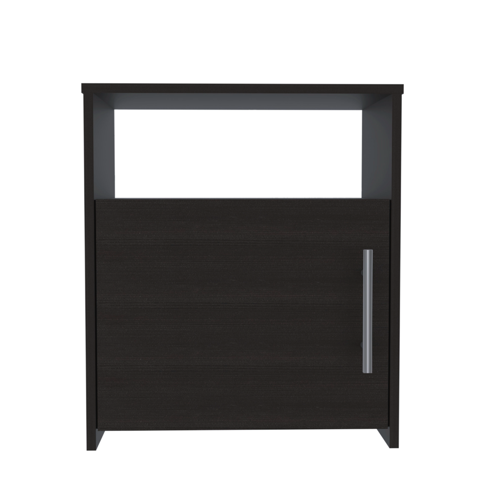 Dark wood bedside table with one door and open shelf above