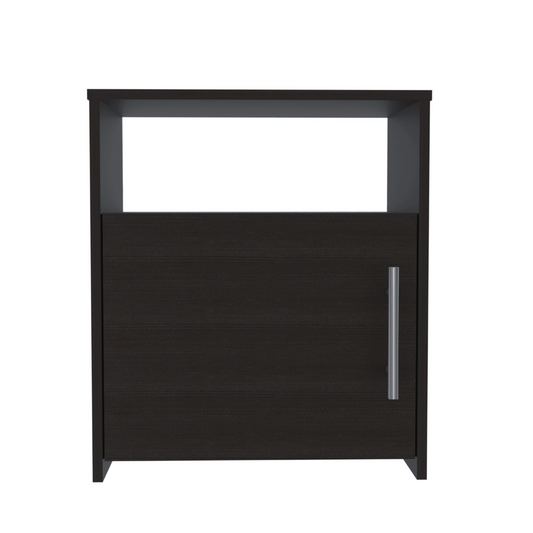 Dark wood bedside table with one door and open shelf above