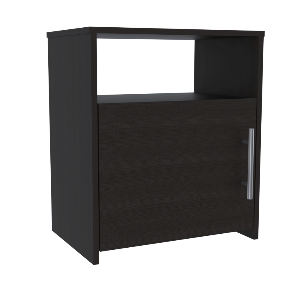 Dark wood nightstand with one open shelf and one cabinet door with silver handle
