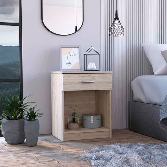 Light wood bedside table with one drawer and open shelf