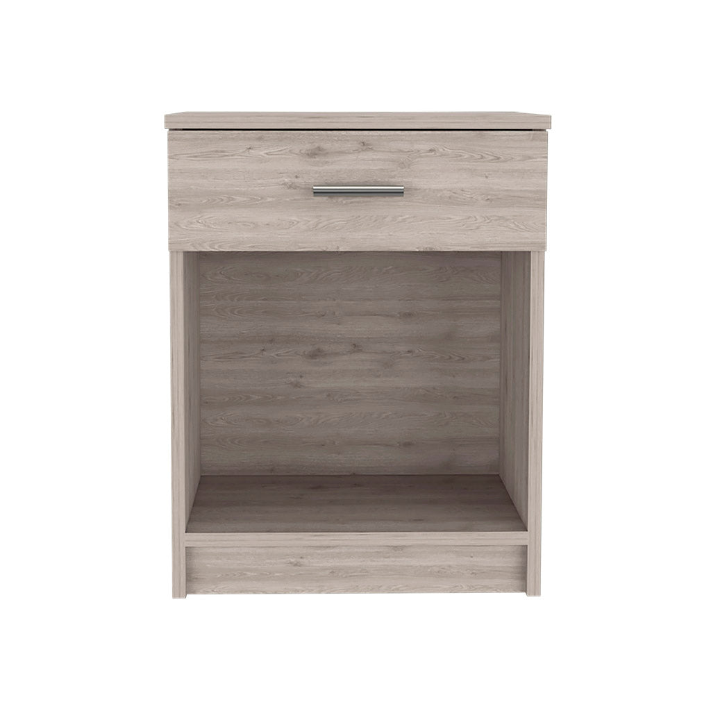 Light oak veneer nightstand with one drawer and open shelf storage