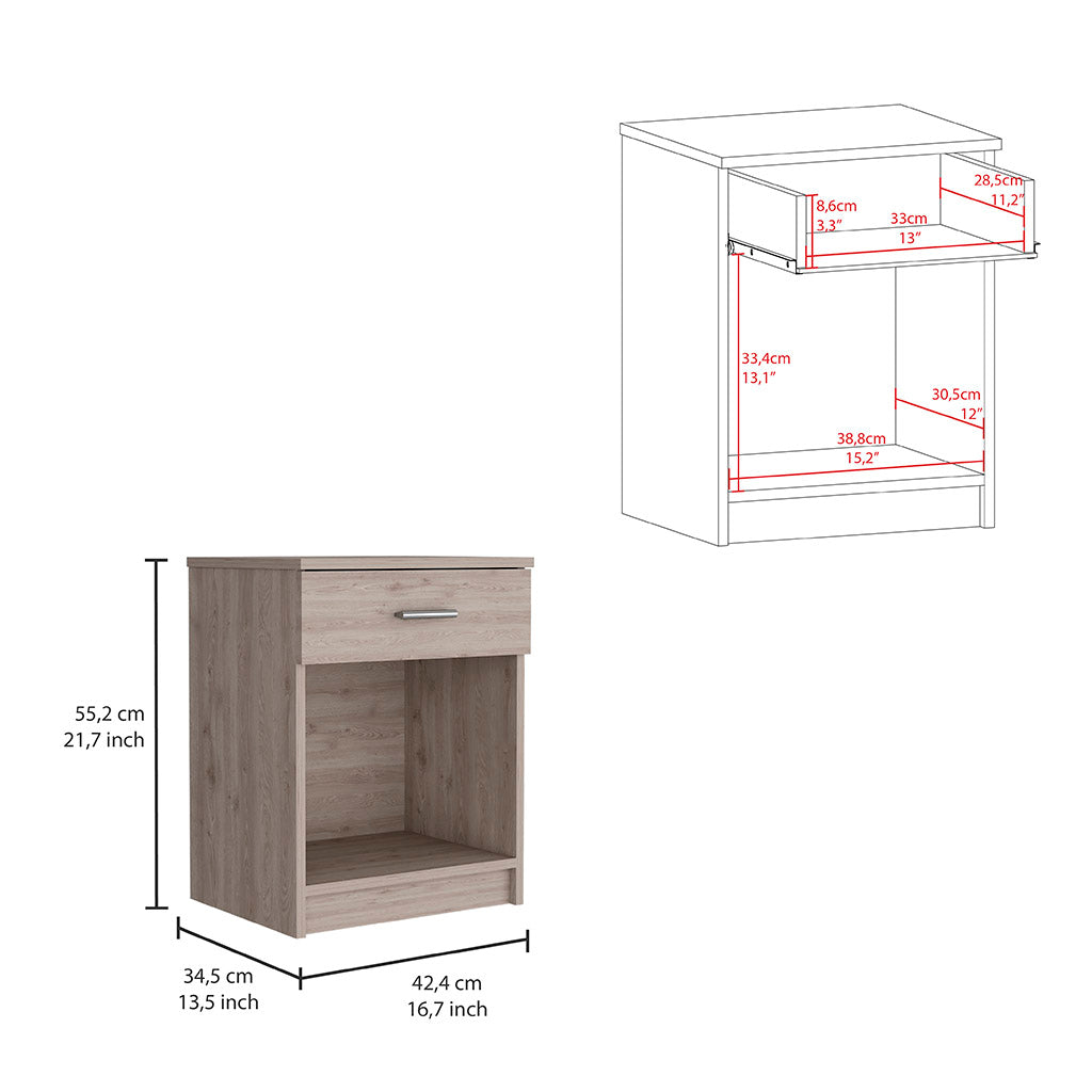 Light oak veneer nightstand with one drawer and open shelf cm tall
