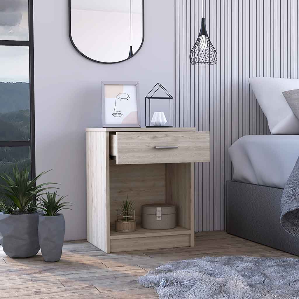 Light oak wood bedside table with open shelf and drawer