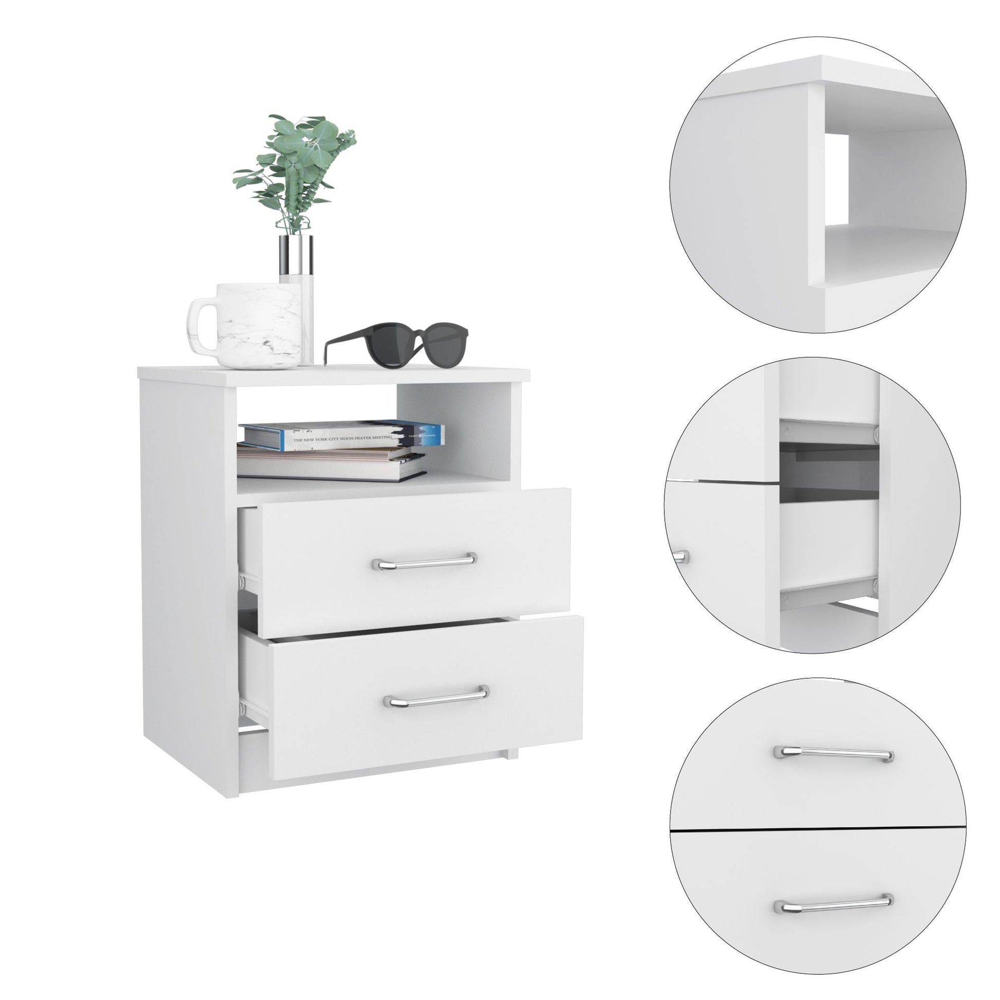 Modern white nightstand with two drawers and open shelf