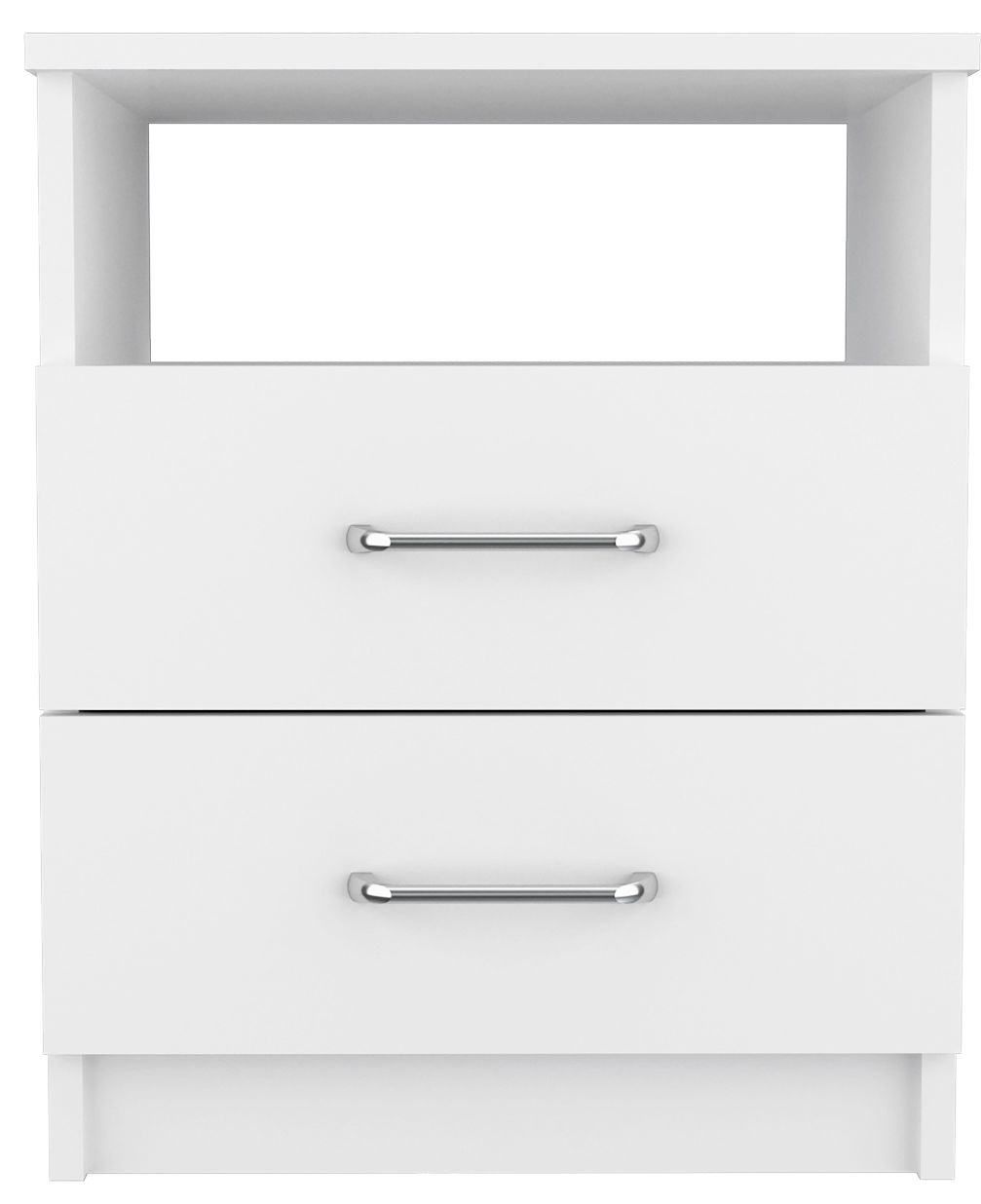White bedside table with two drawers and silver handles