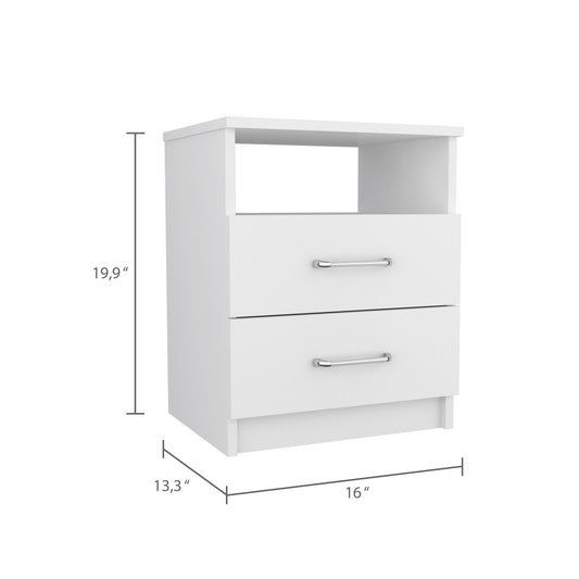 White twodrawer nightstand with silver handles and open shelf  high