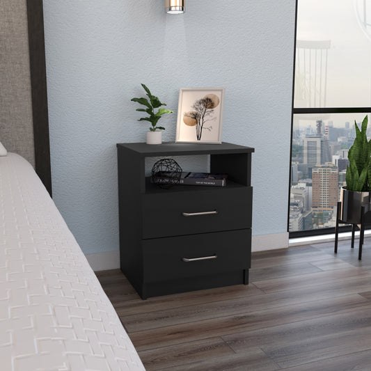 Sleek black nightstand with two drawers and open shelf space perfect for bedroom storage