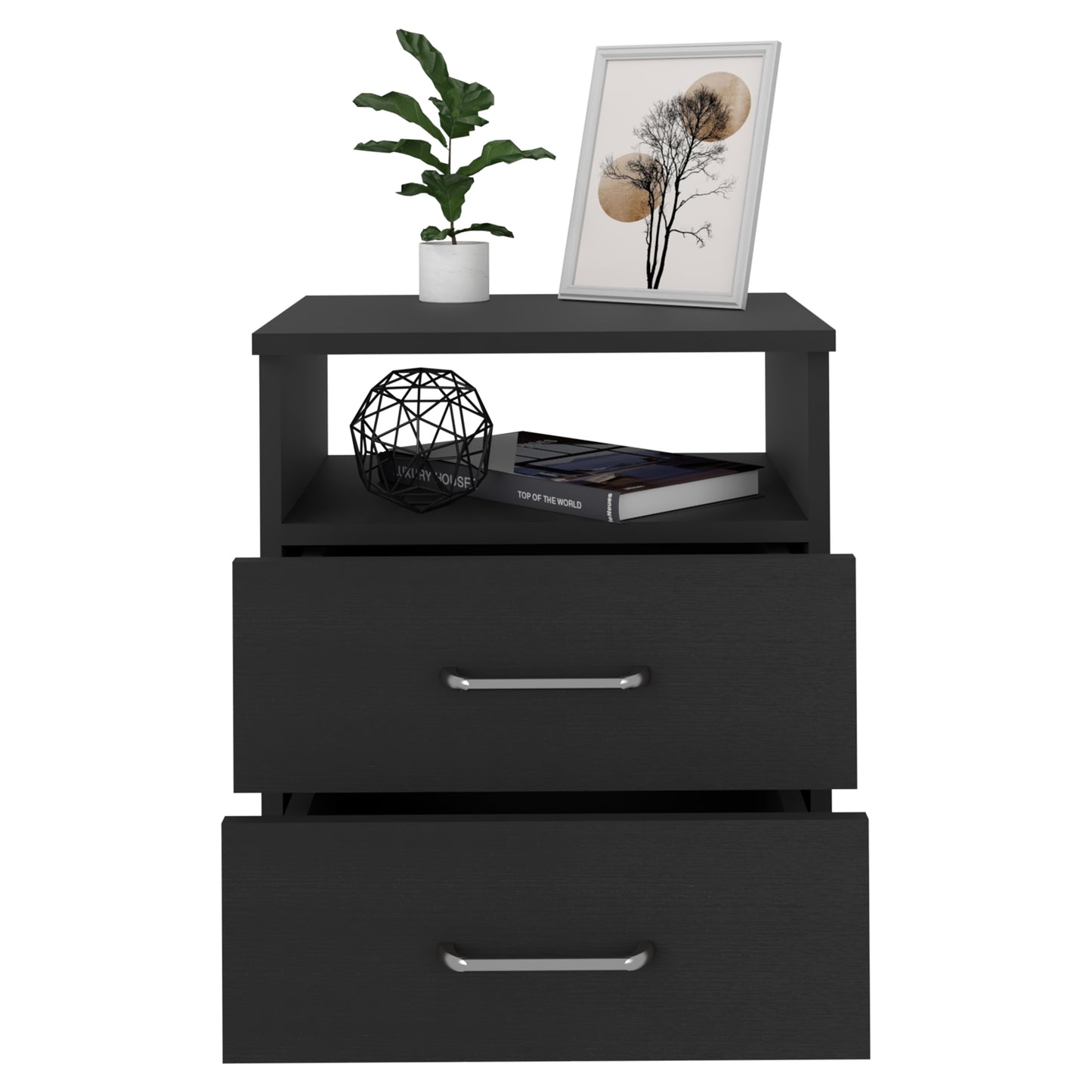 Sleek black nightstand with two drawers and an open shelf perfect for modern bedrooms