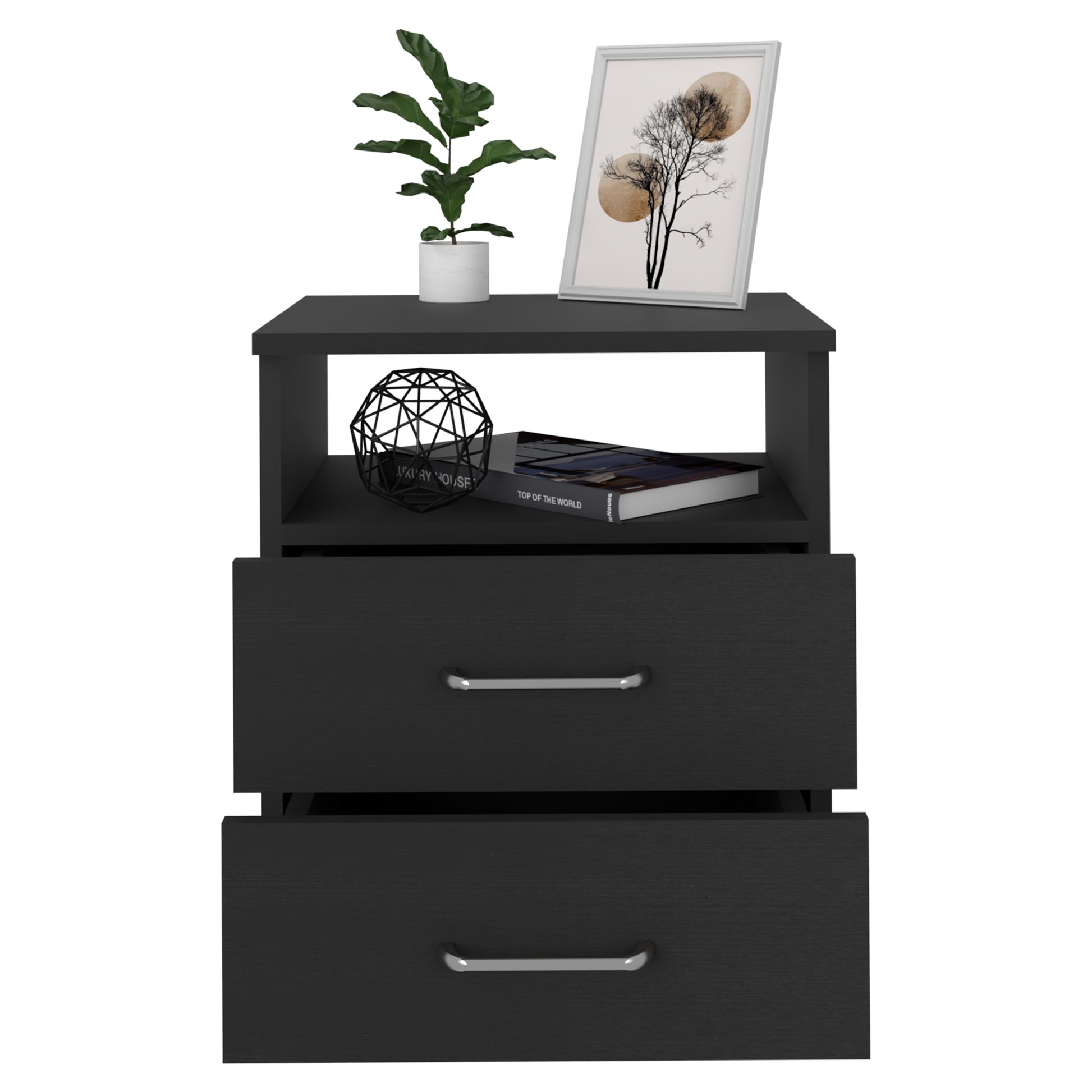 Sleek black nightstand with two drawers and an open shelf perfect for modern bedrooms