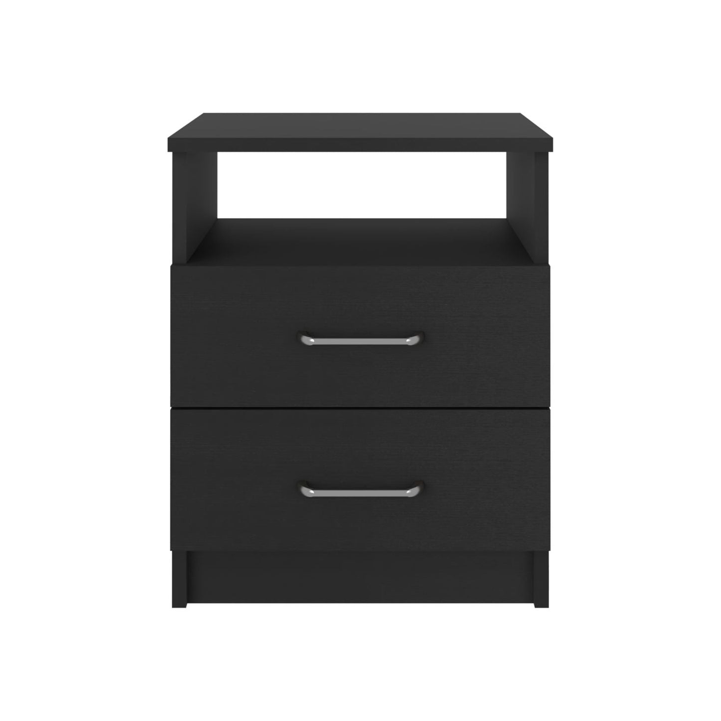 Sleek black nightstand with two drawers and an open shelf for bedside essentials