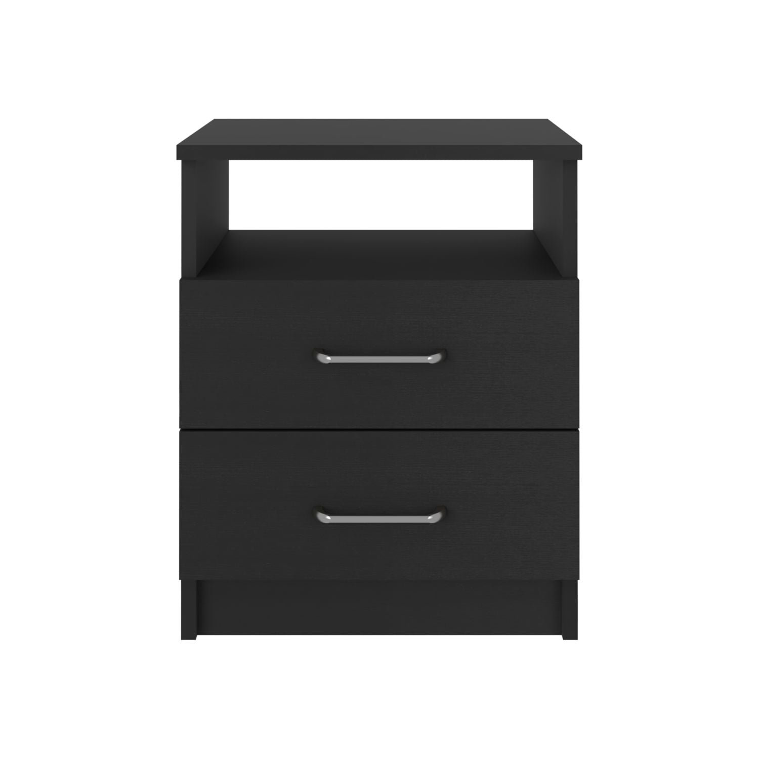 Sleek black nightstand with two drawers and an open shelf for bedside essentials