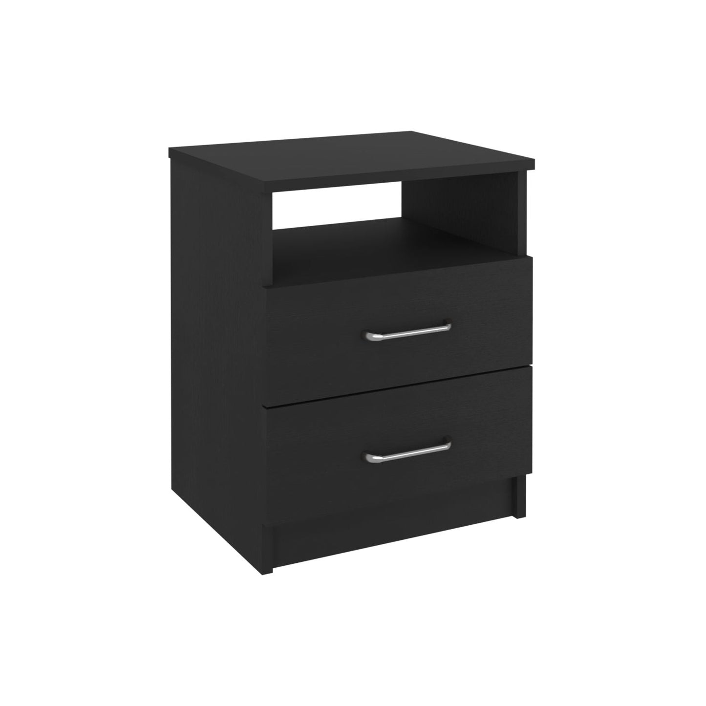 Black twodrawer nightstand with open shelf and silver pull handles