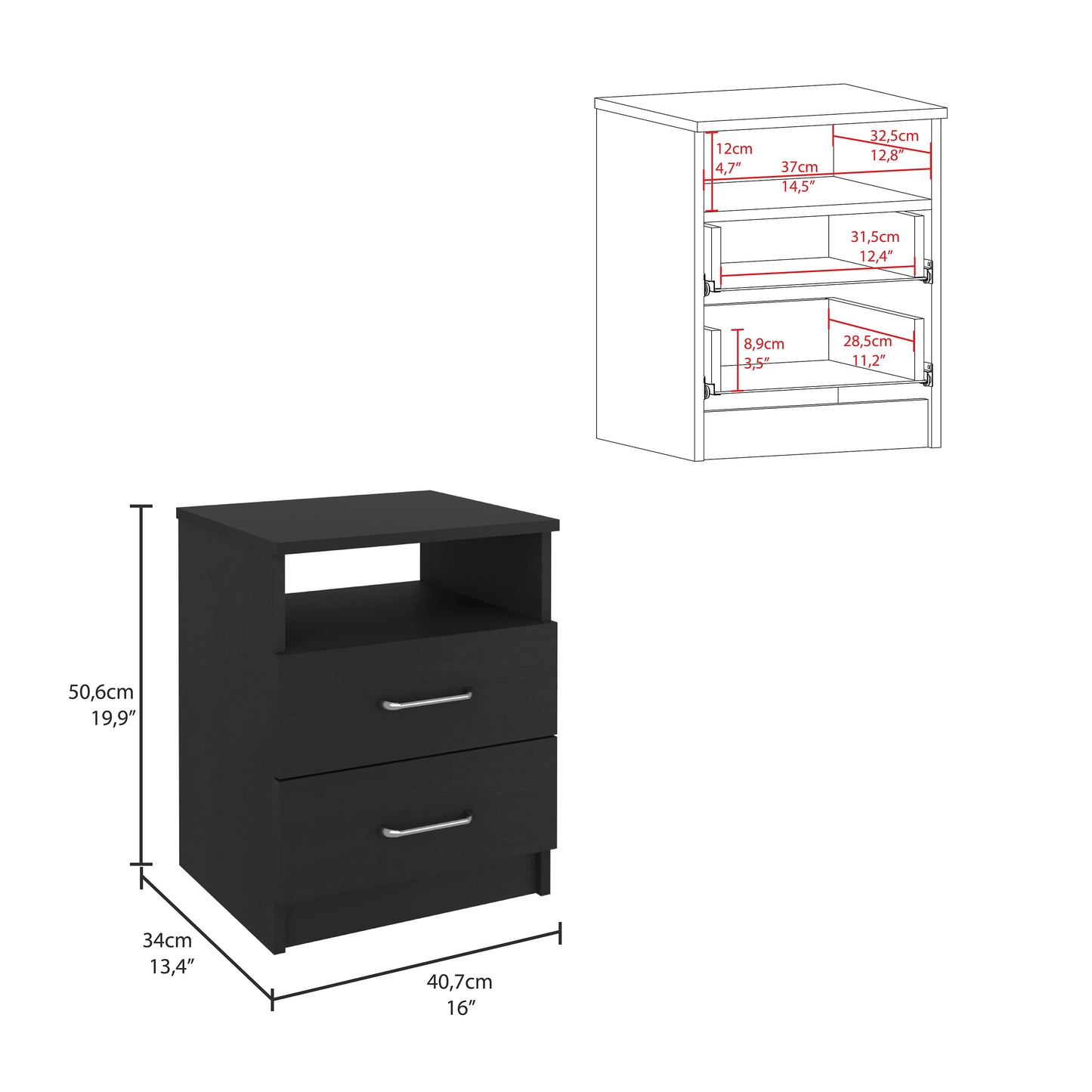 Black modern nightstand with two drawers and an open shelf chrome handles cm wide
