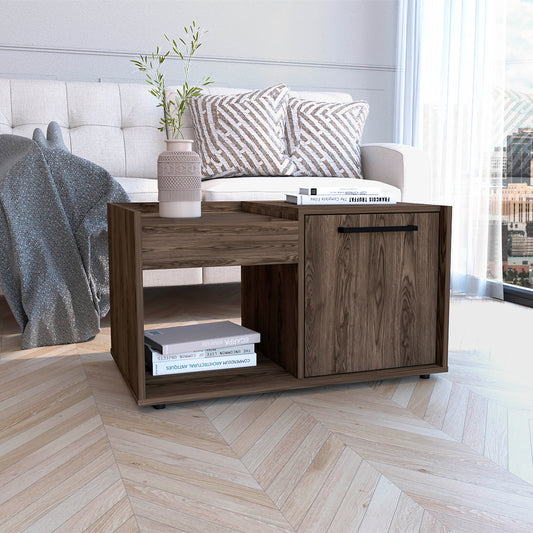Modern dark wood coffee table with open shelf and cabinet featuring a black handle