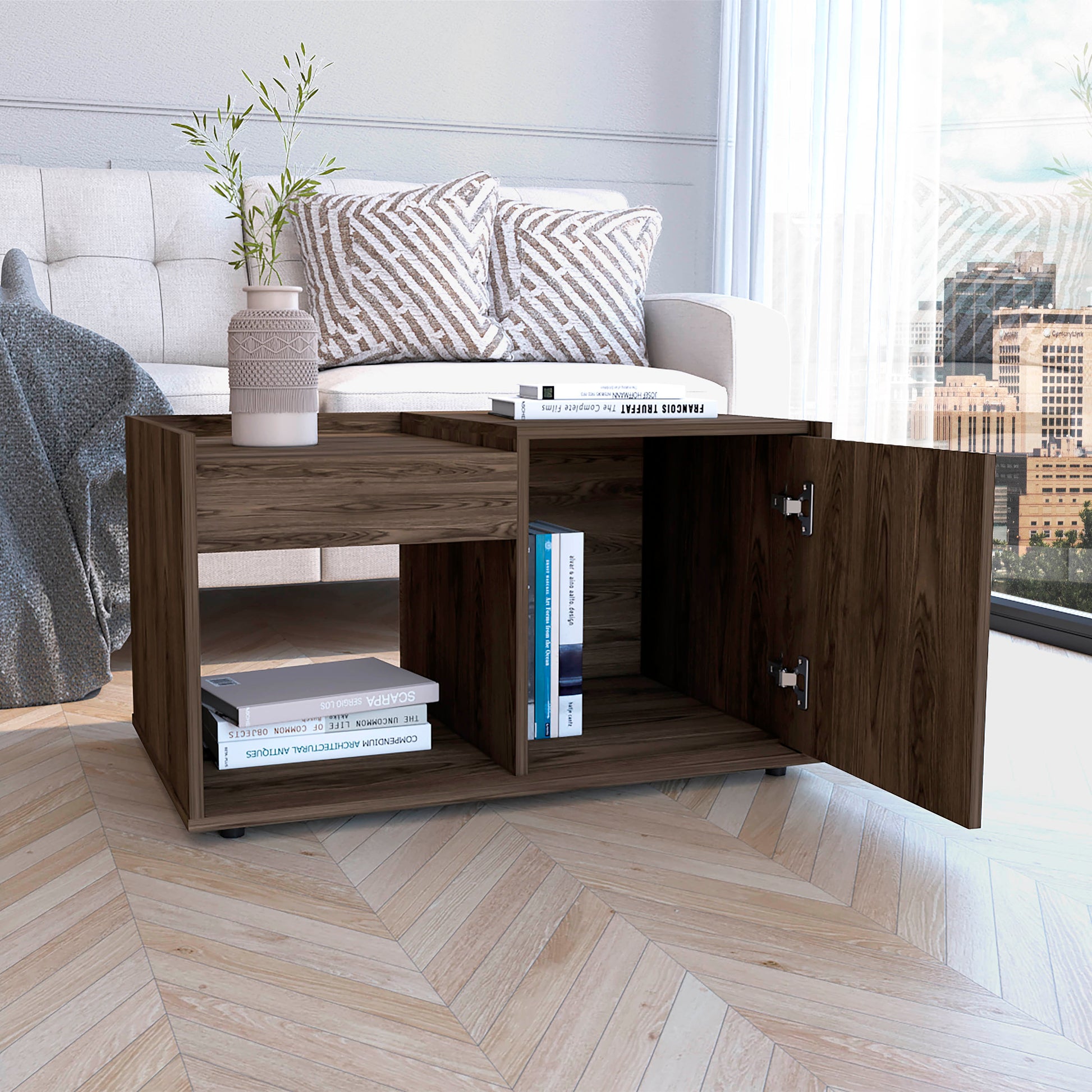 Dark wood modern coffee table with open shelving and one cabinet door
