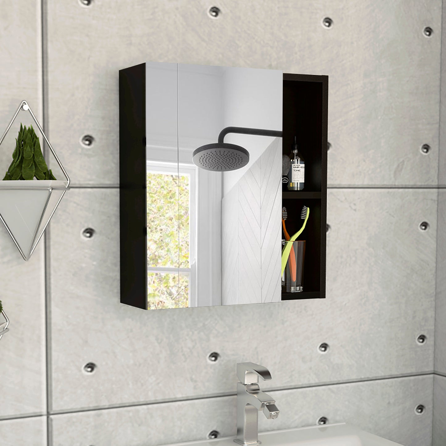 Black modern medicine cabinet with mirrored doors and open shelving