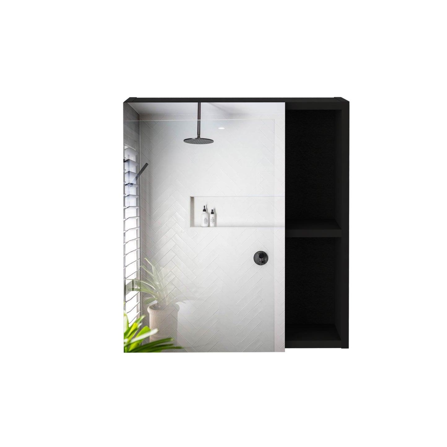 Modern black framed shower enclosure with a rain shower head and herringbone tile