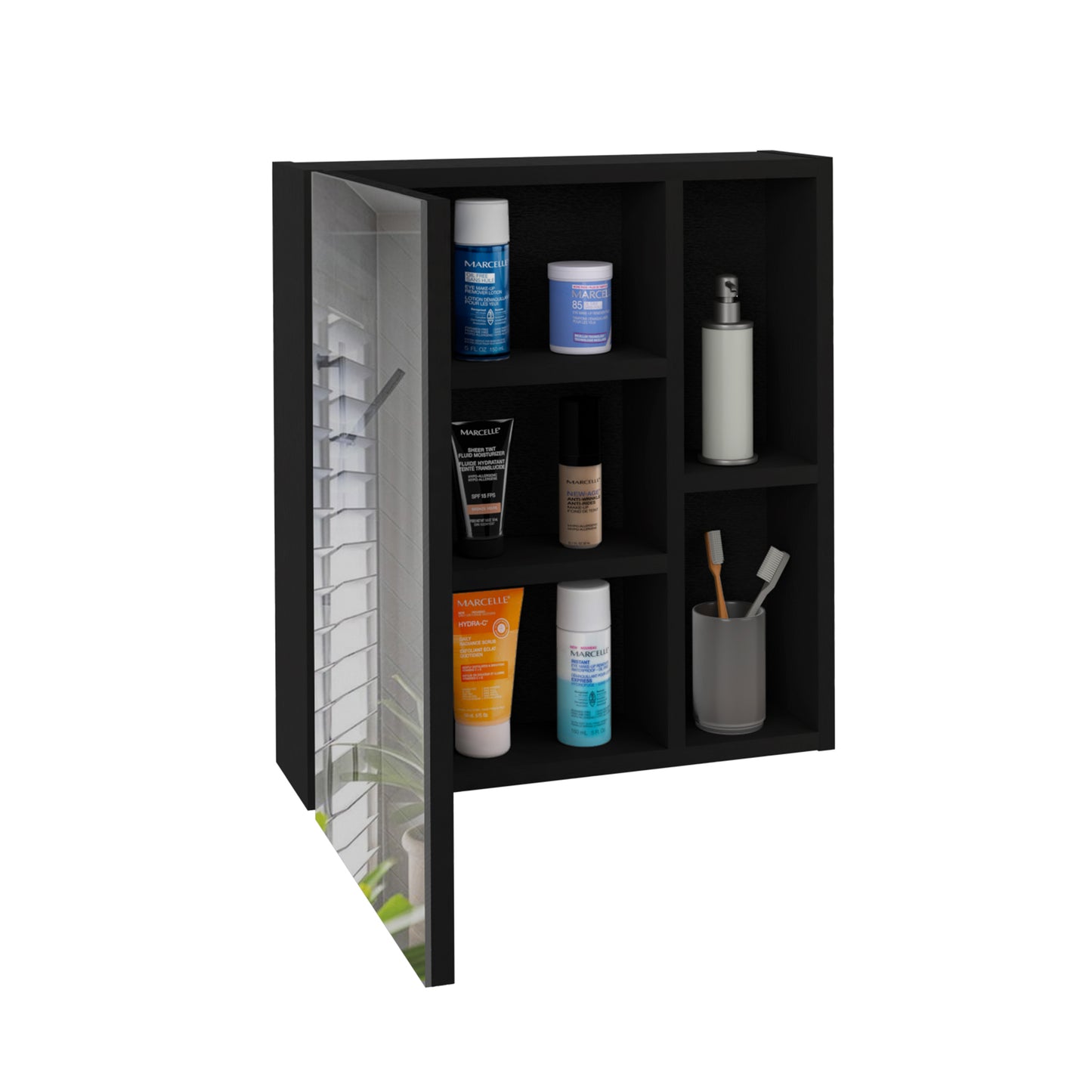 Black medicine cabinet with open mirrored door filled with skincare products