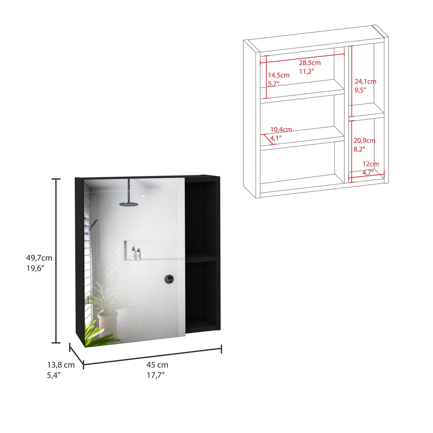 Black bathroom cabinet with mirrored door showerhead and plant