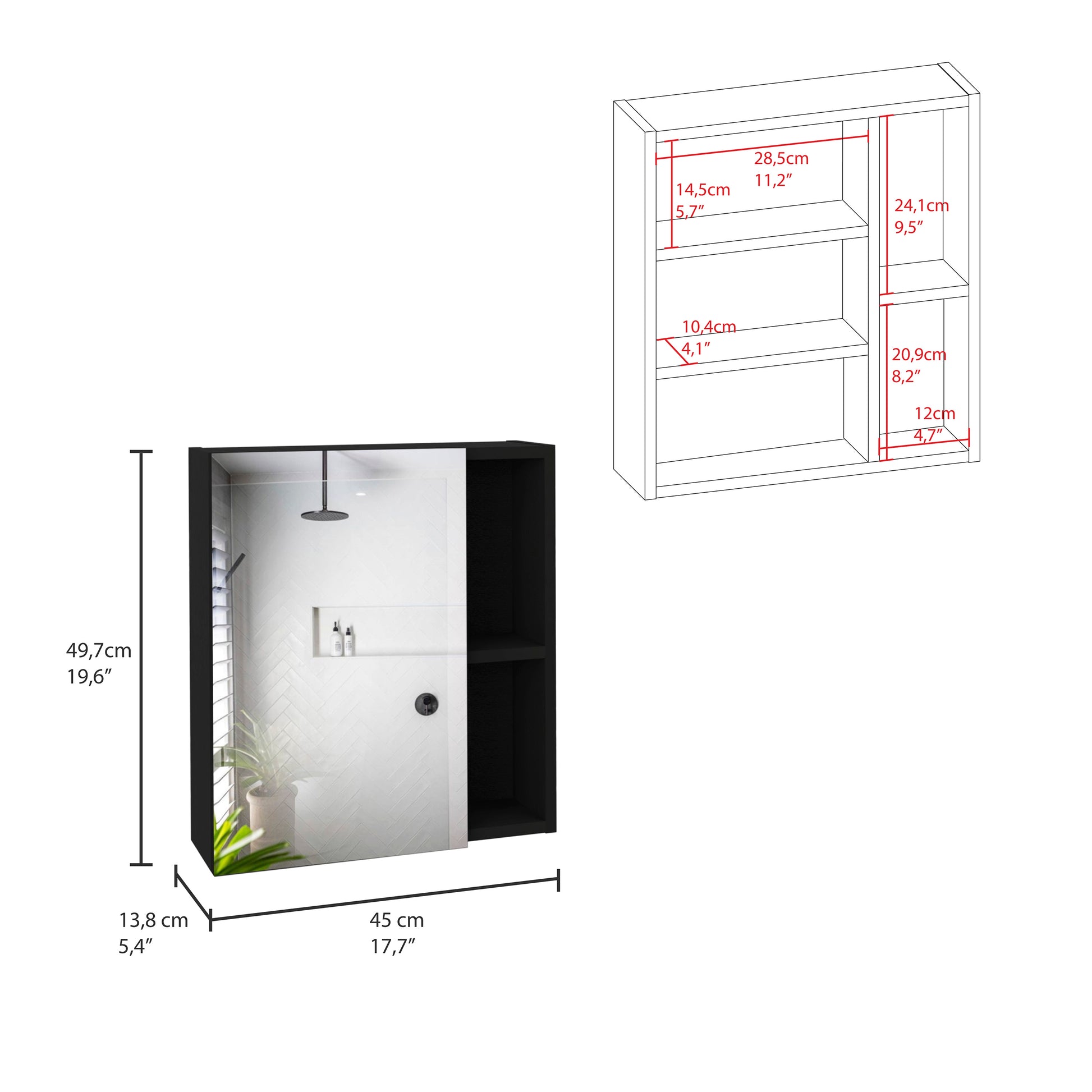 Black bathroom cabinet with mirrored door showerhead and plant