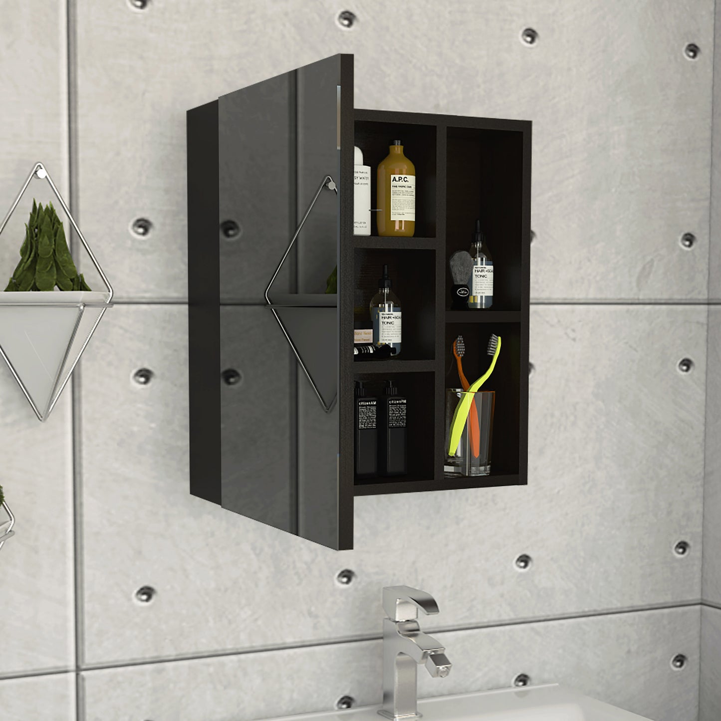 Dark wood bathroom medicine cabinet with open shelves displaying toiletries and toothbrushes