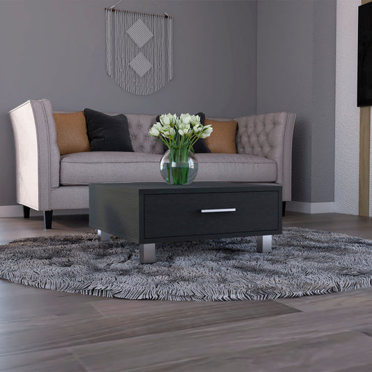 Modern black wood coffee table with a single drawer and silver pull