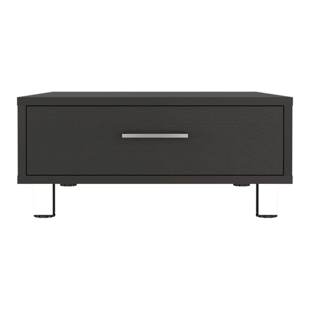 Dark wood bedside table with silver handle and modern legs