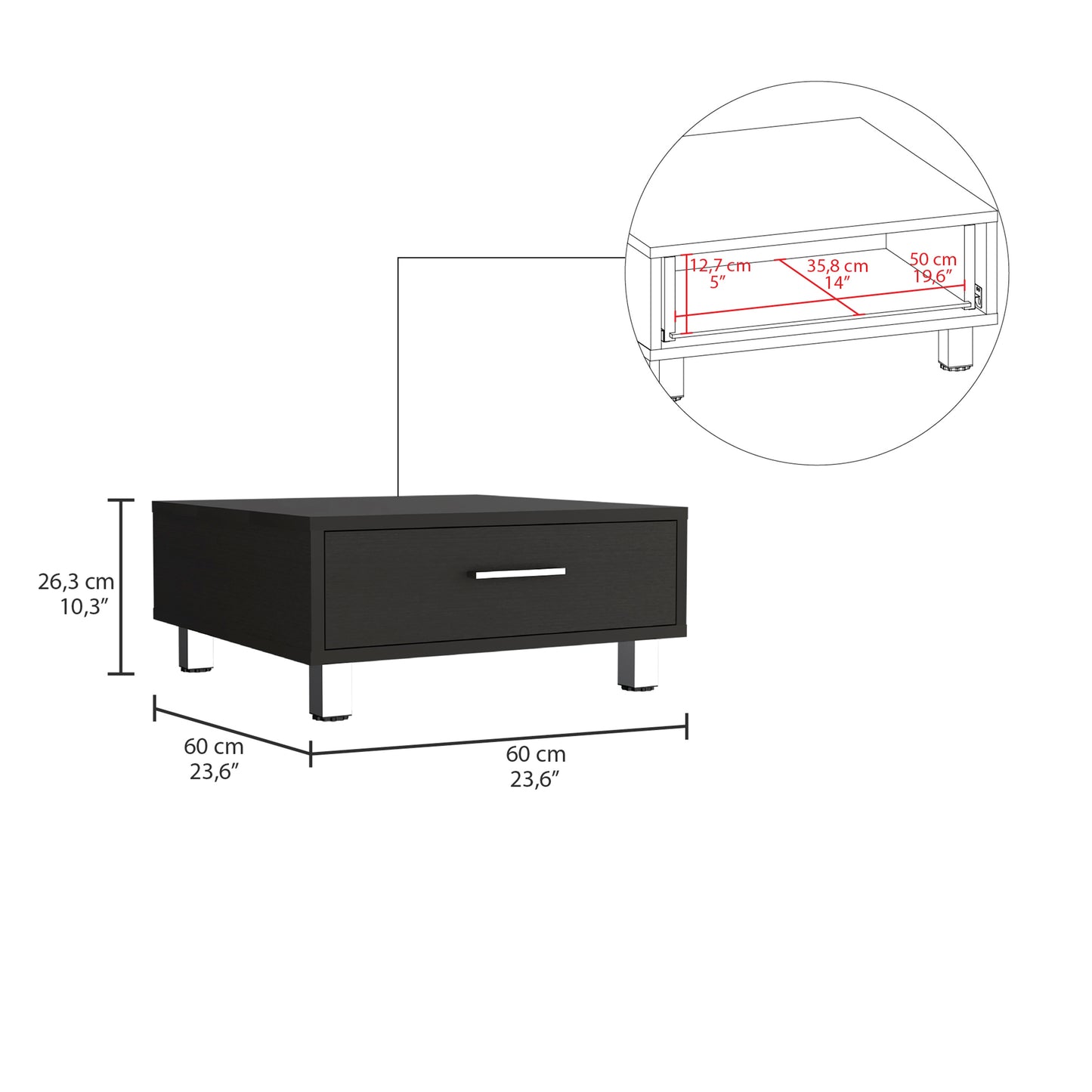 Dark wood effect coffee table with modern metal legs and a single drawer