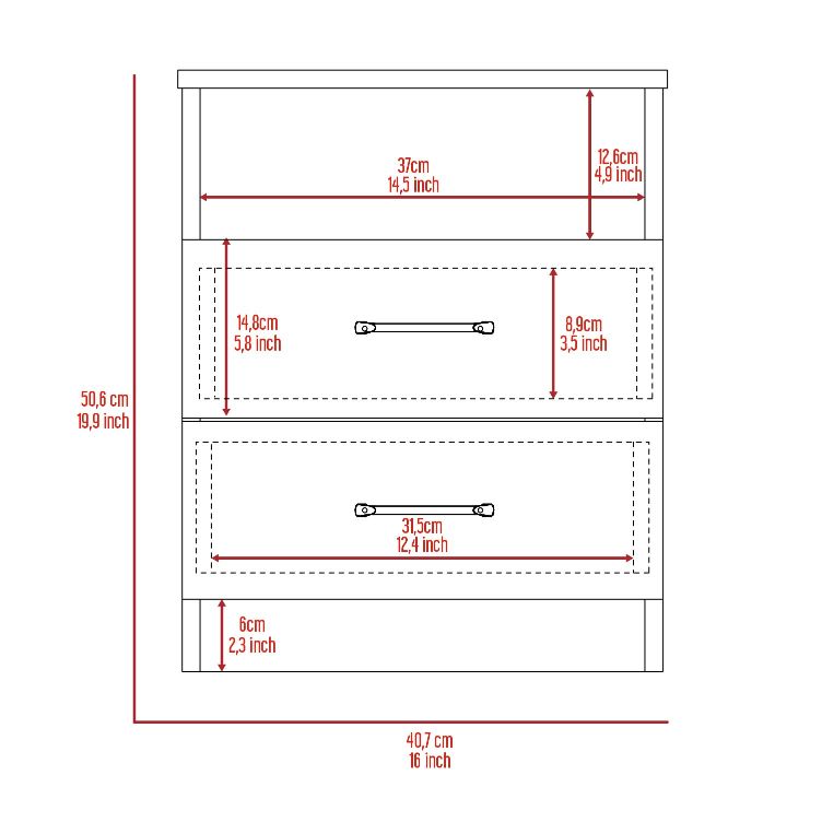 Diagram showing dimensions of a drawer chest  cm height  cm width