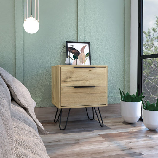 Natural oak wood nightstand with two drawers and hairpin legs
