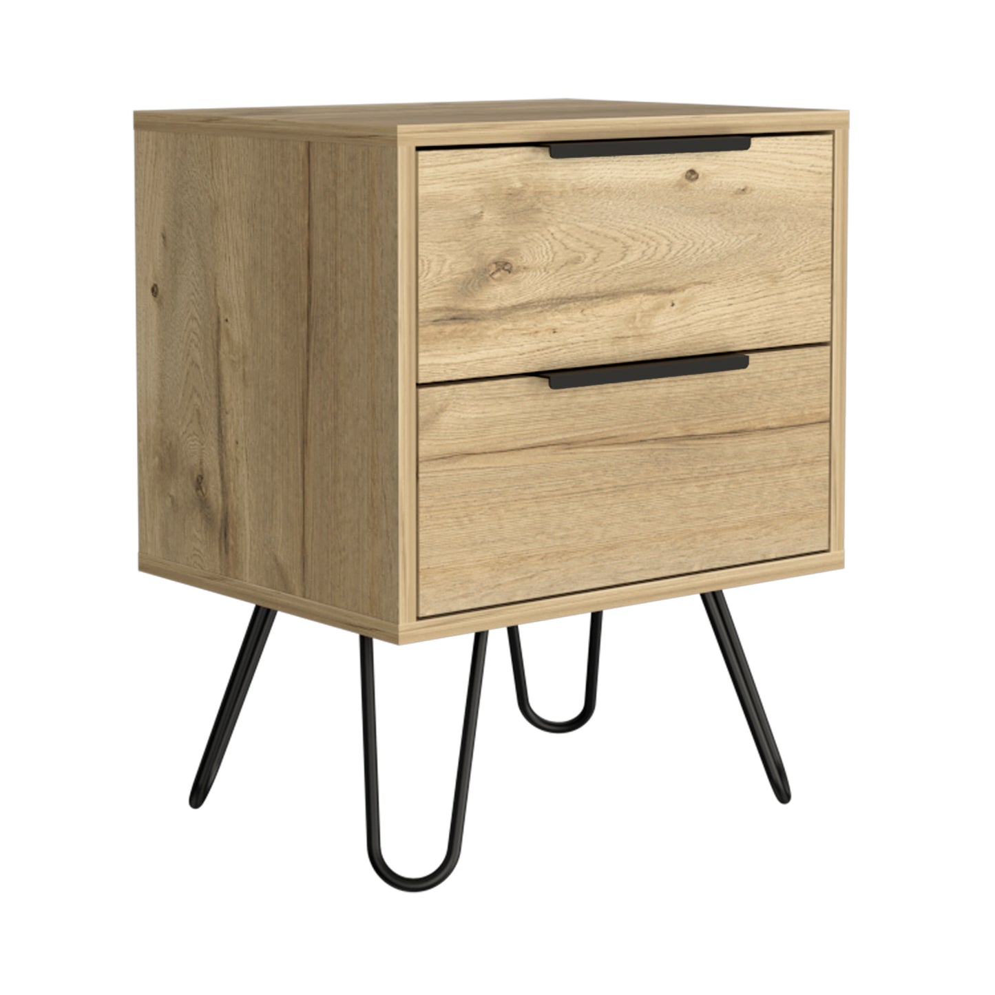 Light oak bedside table with two drawers and black hairpin legs