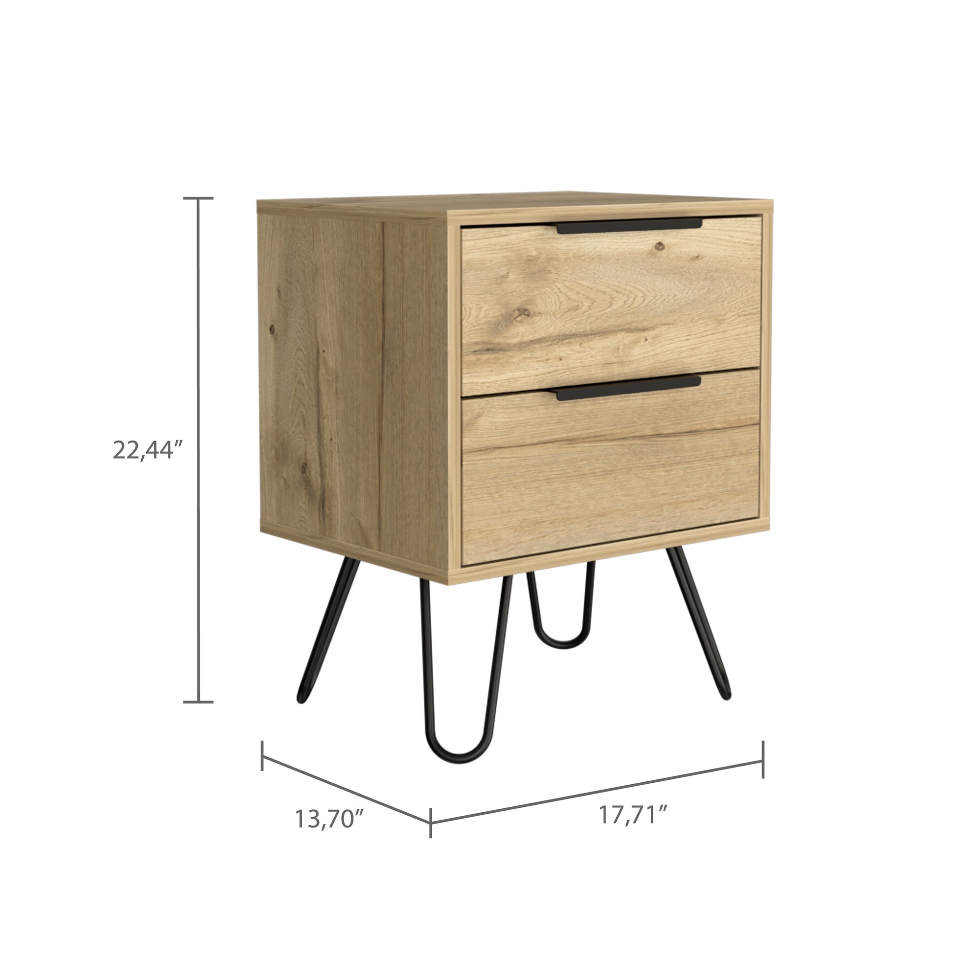 Midcentury modern twodrawer nightstand with oak finish and black metal hairpin legs
