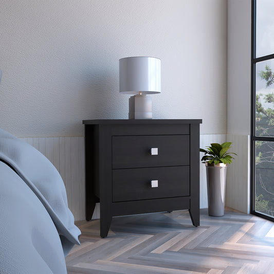 Dark oak wood nightstand with two drawers silver square knobs and a white table lamp