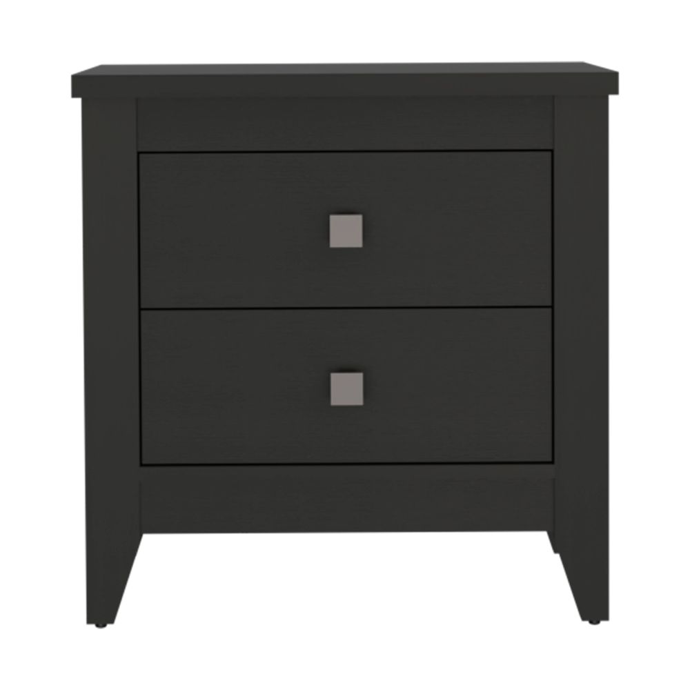 Dark gray modern nightstand with two drawers and silver square pulls