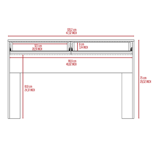 Technical drawing of a minimalist wooden dresser  cm wide with two drawers