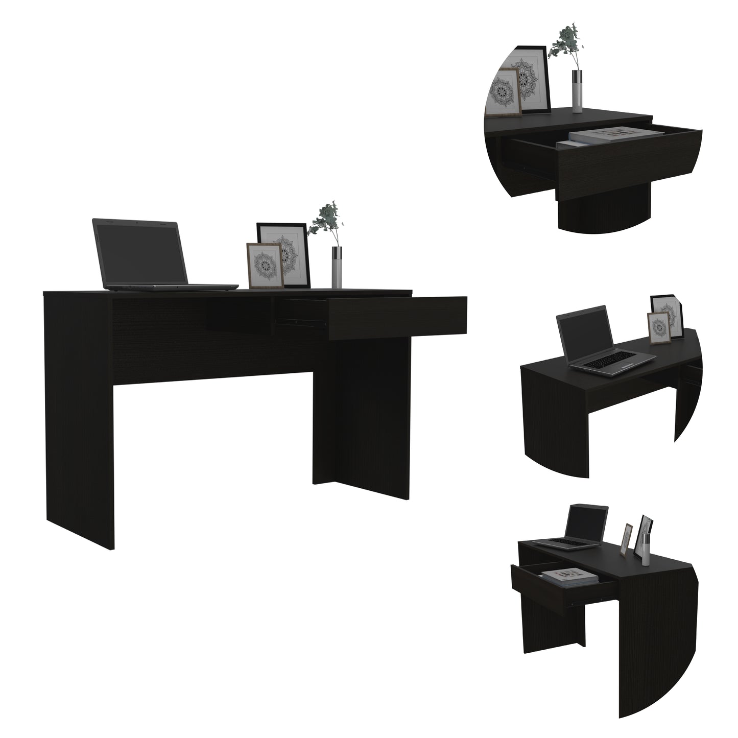 Modern dark wood desk with open drawer laptop and decorative items