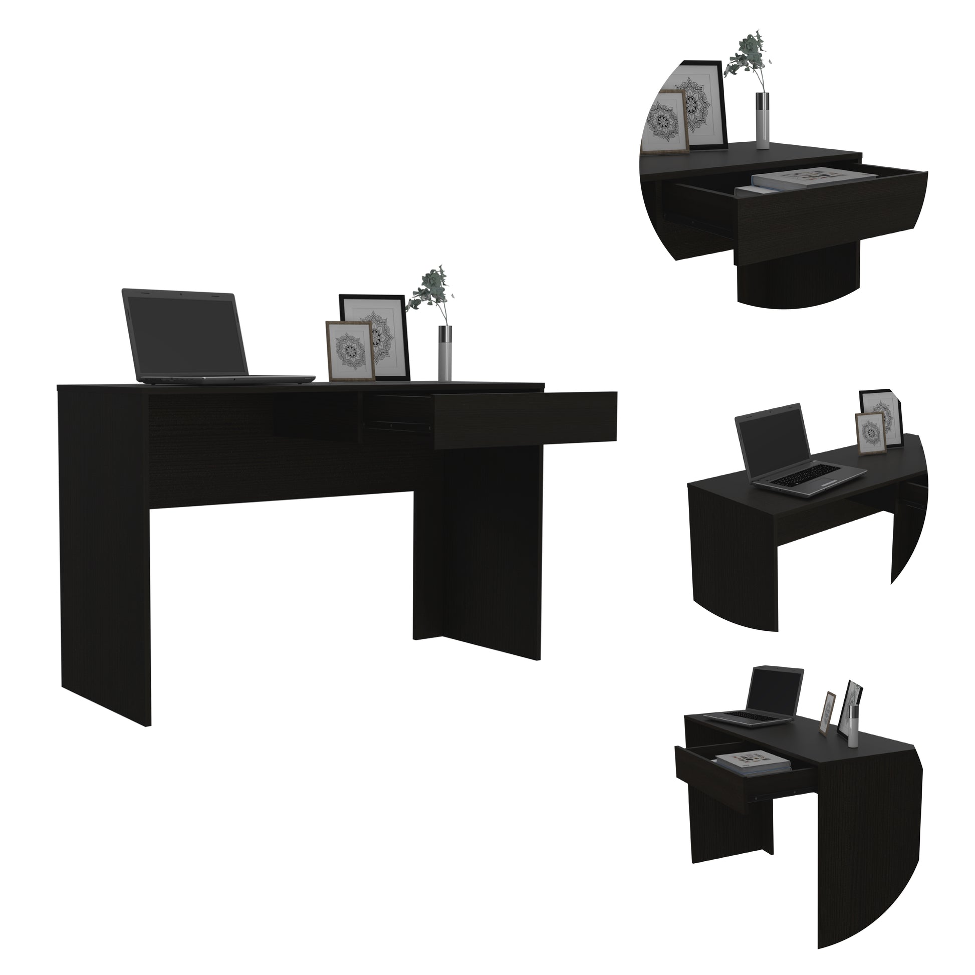 Modern dark wood desk with open drawer laptop and decorative items