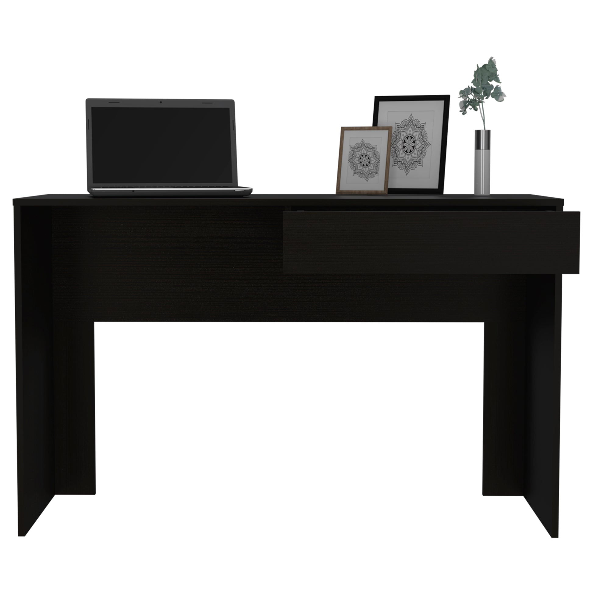 Sleek black writing desk with open drawer laptop framed art and vase