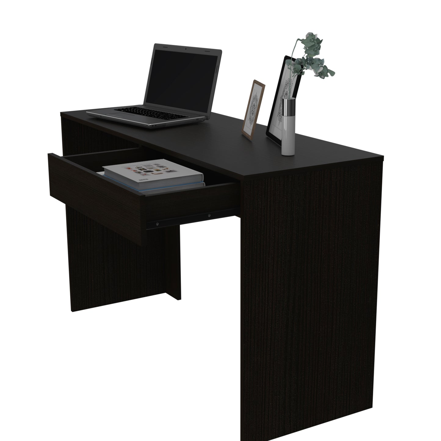 Dark brown modern writing desk with open drawer revealing books laptop and decor