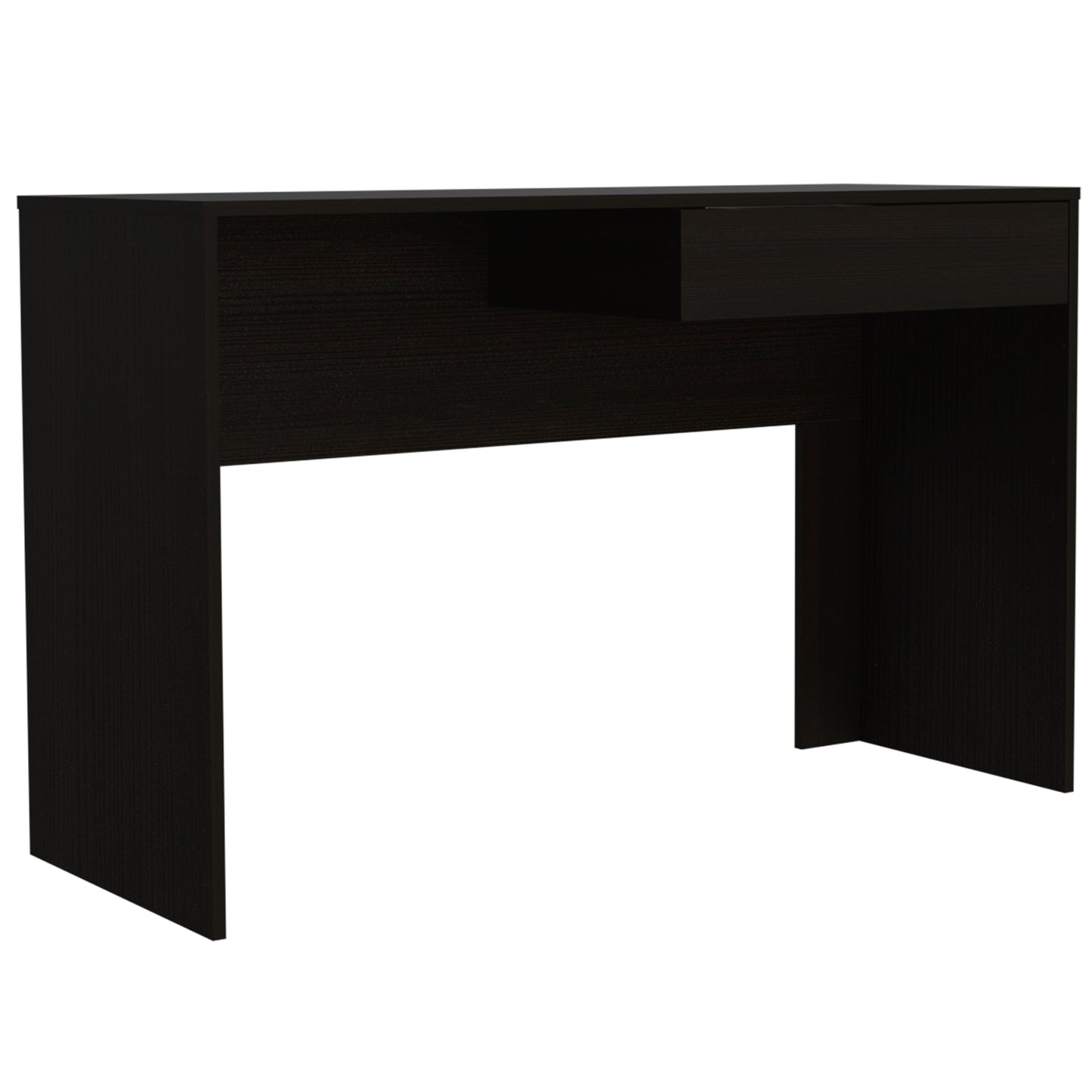 Dark espresso console table with single drawer and open shelf space