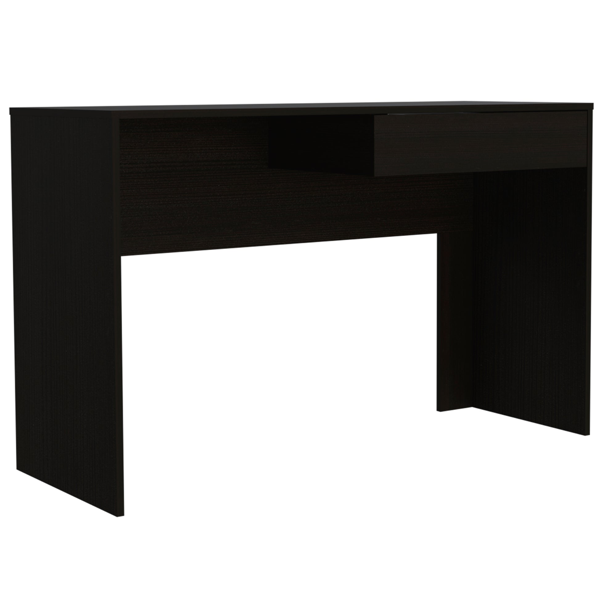 Dark espresso console table with single drawer and open shelf space