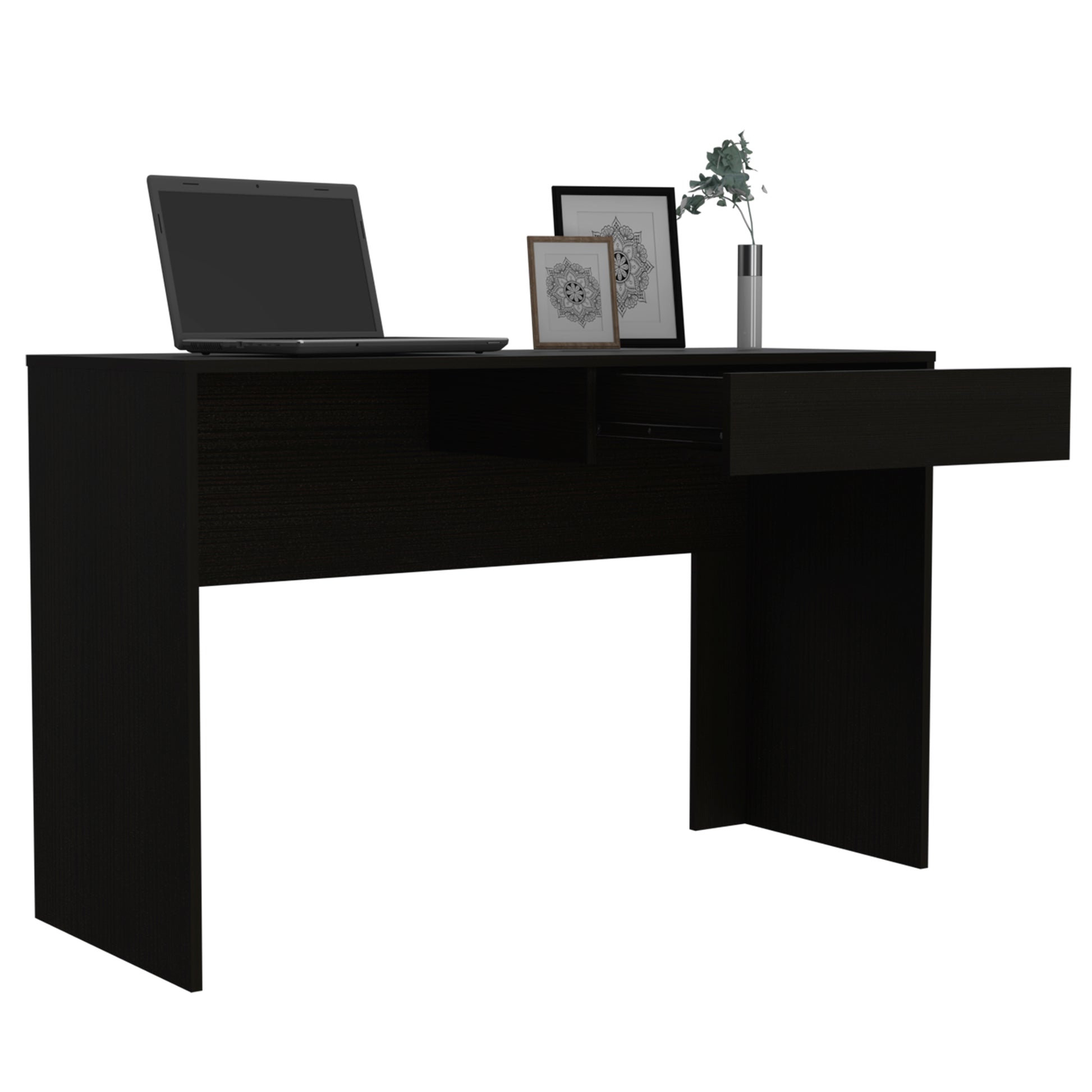 Sleek black writing desk with a laptop framed art and a vase with a plant