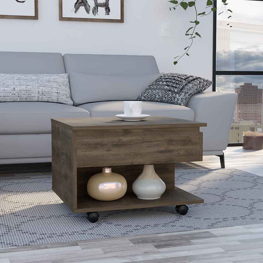 Rustic brown lifttop coffee table with single drawer and open shelf on casters