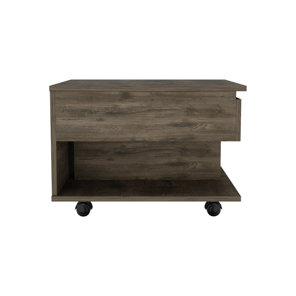 Rustic oak wheeled accent table with open shelf